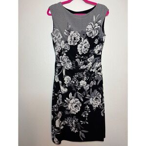 Ralph Lauren Dress Floral Black White Sleeveless Sheath Knee Length Ruched